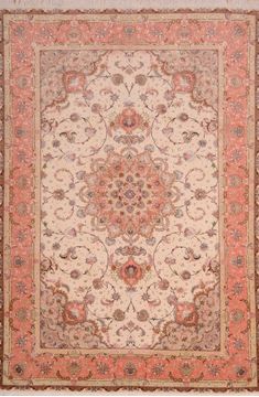 Persian Tabriz Beige Rectangle 6x9 ft wool and silk Carpet 109049