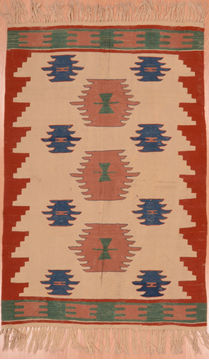 Afghan Kilim Beige Rectangle 4x6 ft Wool Carpet 109308