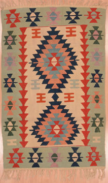 Afghan Kilim Green Rectangle 4x6 ft Wool Carpet 109314
