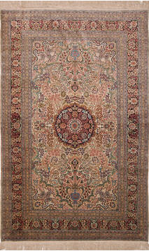 Chinese Hereke Beige Rectangle 5x8 ft Silk Carpet 136202