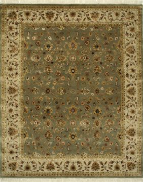Indian Jaipur Green Rectangle 9x12 ft wool and silk Carpet 75481