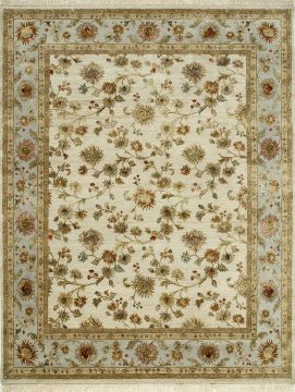 Indian Jaipur White Rectangle 9x12 ft wool and silk Carpet 75531