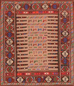 Kilim Red Square Hand Knotted 3'8" X 4'6"  Area Rug 100-76560