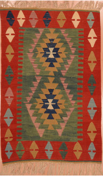 Turkish Kilim Red Rectangle 4x6 ft Wool Carpet 109538