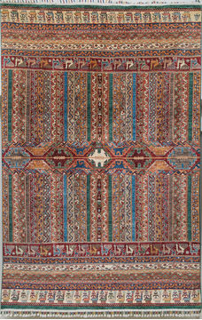 Pakistani Chobi Multicolor Rectangle 6x9 ft Wool Carpet 109700