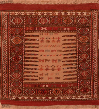 Kilim Red Square Flat Woven 3'7" X 3'7"  Area Rug 100-110599