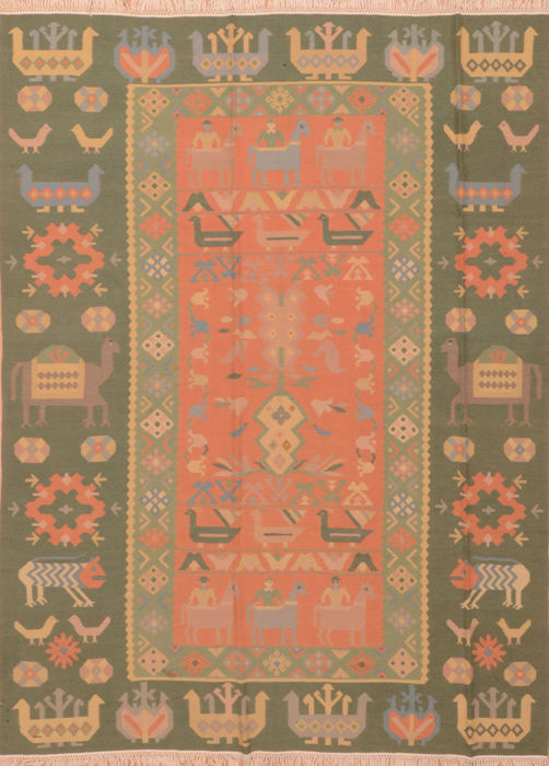 Kilim Green Flat Woven 68 X 88  Area Rug 100-110744 Image 0
