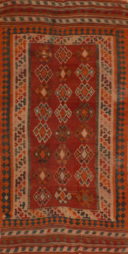 Romania Kilim Red Runner 6 to 9 ft Wool Carpet 110801