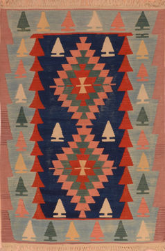 Afghan Kilim Blue Rectangle 4x6 ft Wool Carpet 110816