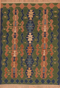 Afghan Kilim Green Rectangle 4x6 ft Wool Carpet 110834