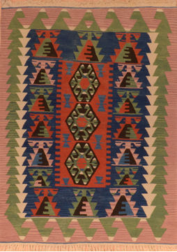 Afghan Kilim Green Rectangle 4x6 ft Wool Carpet 110837
