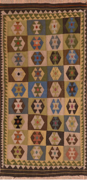 Kilim Green Runner Flat Woven 3'4" X 6'8"  Area Rug 100-110844