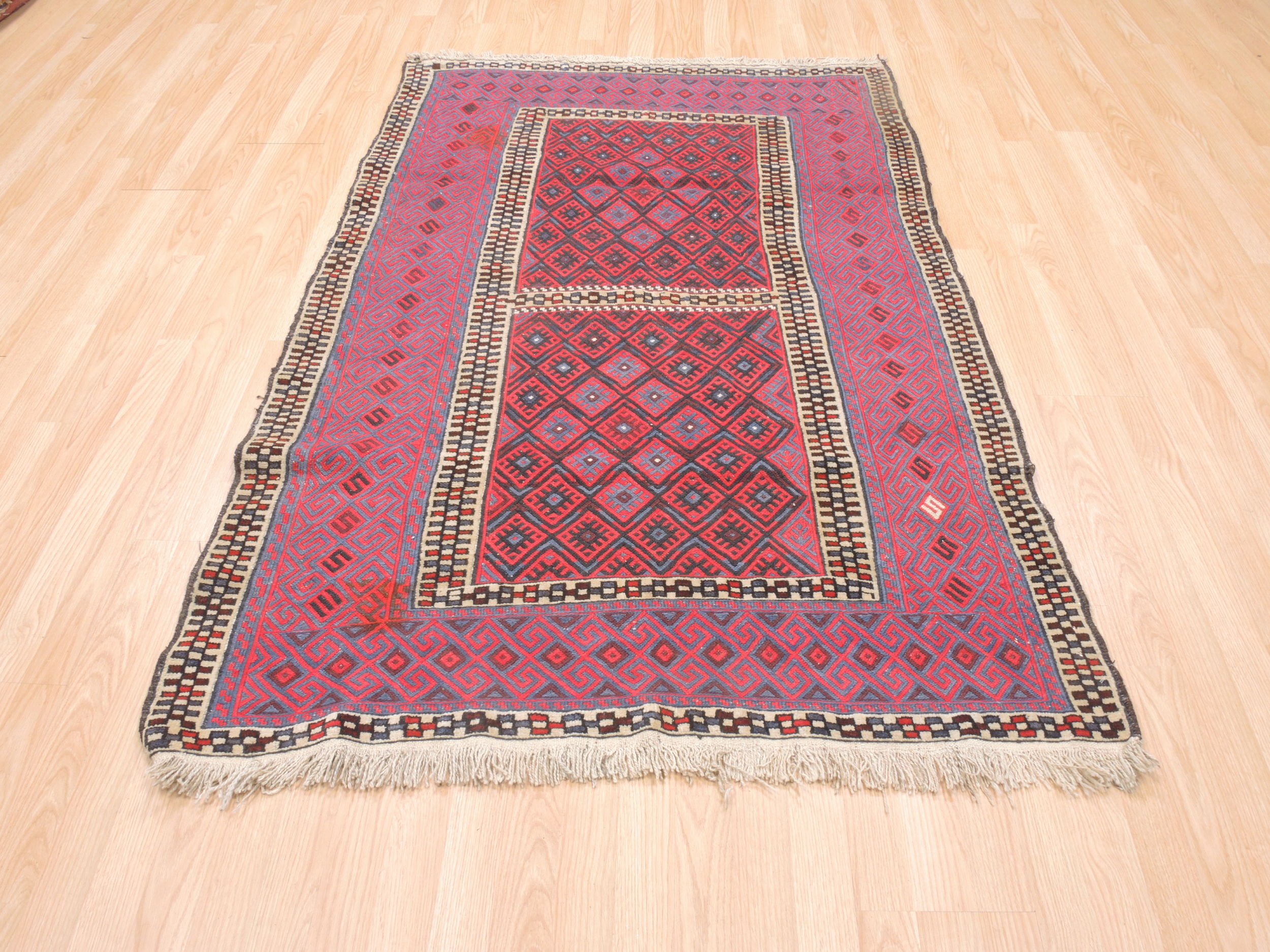 Afghan Kilim Red Rectangle 4x6 ft Wool Carpet 110878 | SKU 110878