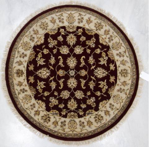 Indian Jaipur Red Round 4 Ft And Smaller Wool Raised Silk