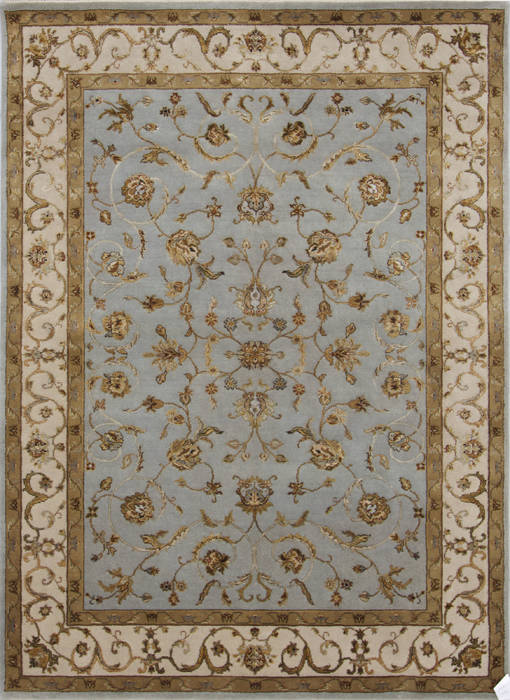 Indian Jaipur Blue Rectangle 5x7 Ft Wool And Raised Silk Carpet 5x7 Ft Wool And Raised Silk Carpet