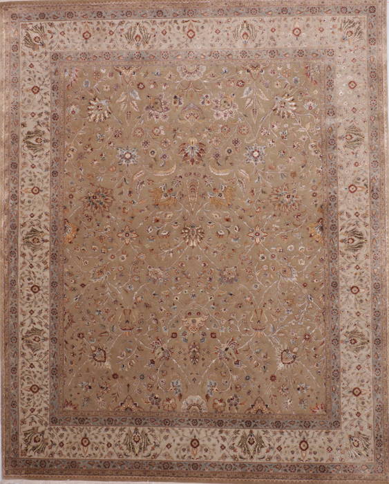 Indian Jaipur Green Rectangle 8x10 ft Wool and Raised Silk Carpet