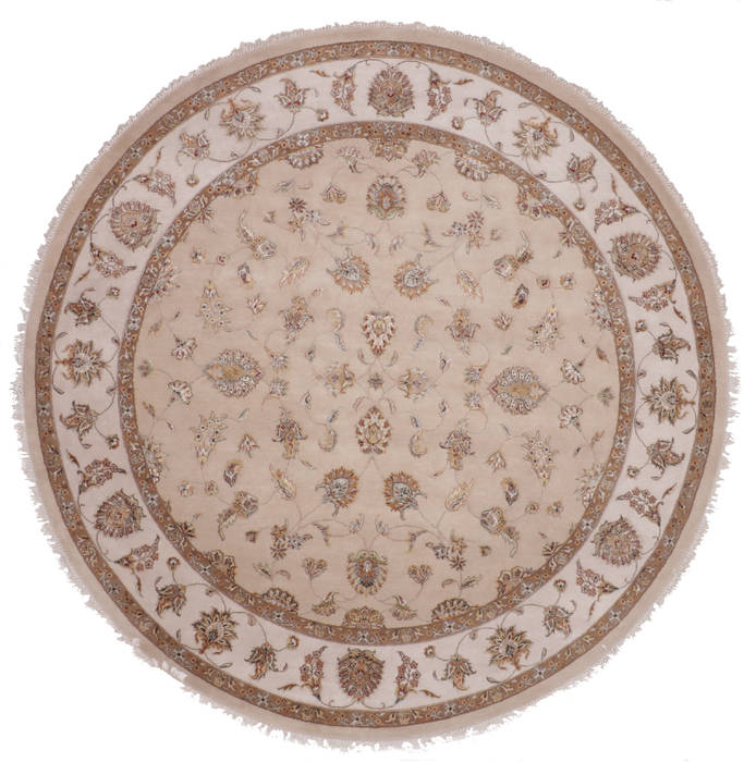 Indian Jaipur Beige Round 9 Ft And Larger Wool Raised Silk