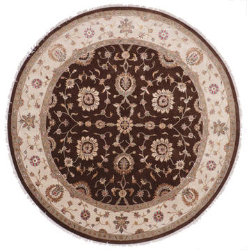 Indian Jaipur Brown Round 9 ft and Larger Wool and Raised Silk Carpet 112557