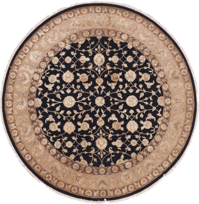Indian Jaipur Black Round 7 to 8 ft Wool and Raised Silk Carpet 115786 SKU 115786