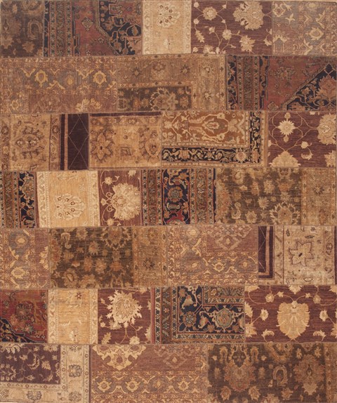Patchwork Brown Hand Knotted 82 X 99 Area Rug 100-12186 Image 0