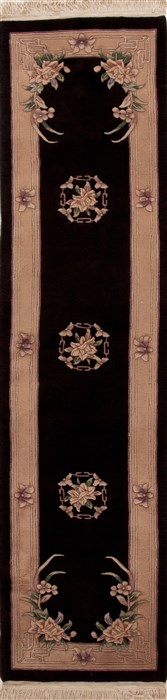 Asian Inspired Black Runner Hand Knotted 26 X 103  Area Rug 251-12840 Image 0