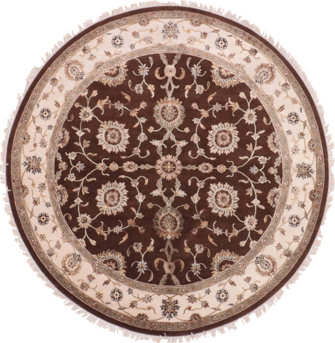 Indian Jaipur Brown Round 7 to 8 ft Wool and Raised Silk Carpet 135652