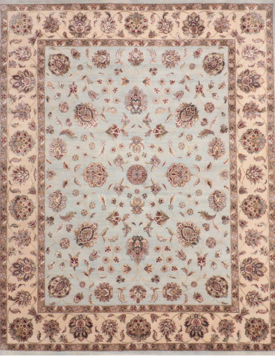 Indian Jaipur Blue Rectangle 8x10 ft Wool and Raised Silk Carpet 135978