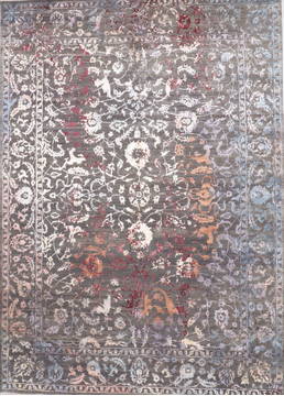 Indian Jaipur Grey Rectangle 10x14 ft Wool and Raised Silk Carpet 136098