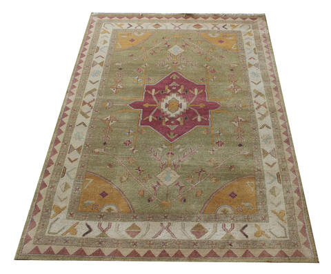 Agra Green Hand Knotted 55 X 75  Area Rug 902-137505 Image 1