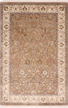 Indian Jaipur Brown Rectangle 4x6 ft Wool and Raised Silk Carpet 137558