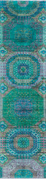 Chobi Green Runner Hand Knotted 2'6" X 9'9"  Area Rug 700-145067