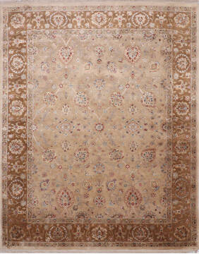 Indian Jaipur Beige Rectangle 8x10 ft Wool and Raised Silk Carpet 145358