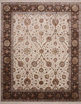 Indian Jaipur White Rectangle 8x10 ft Wool and Raised Silk Carpet 145362