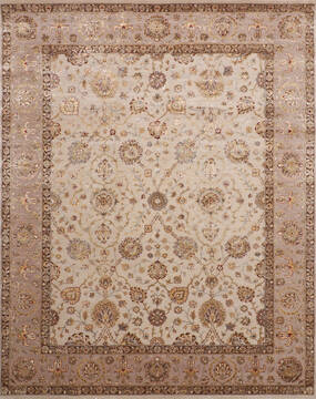 Indian Jaipur White Rectangle 8x10 ft Wool and Raised Silk Carpet 145363