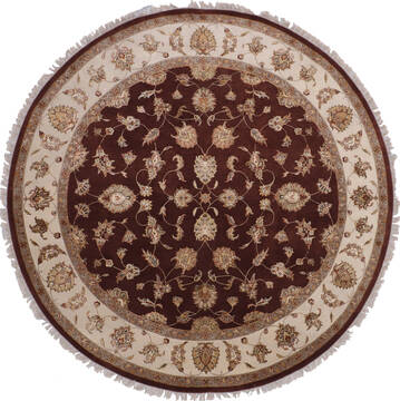 Indian Jaipur Brown Round 9 ft and Larger Wool and Raised Silk Carpet 145494