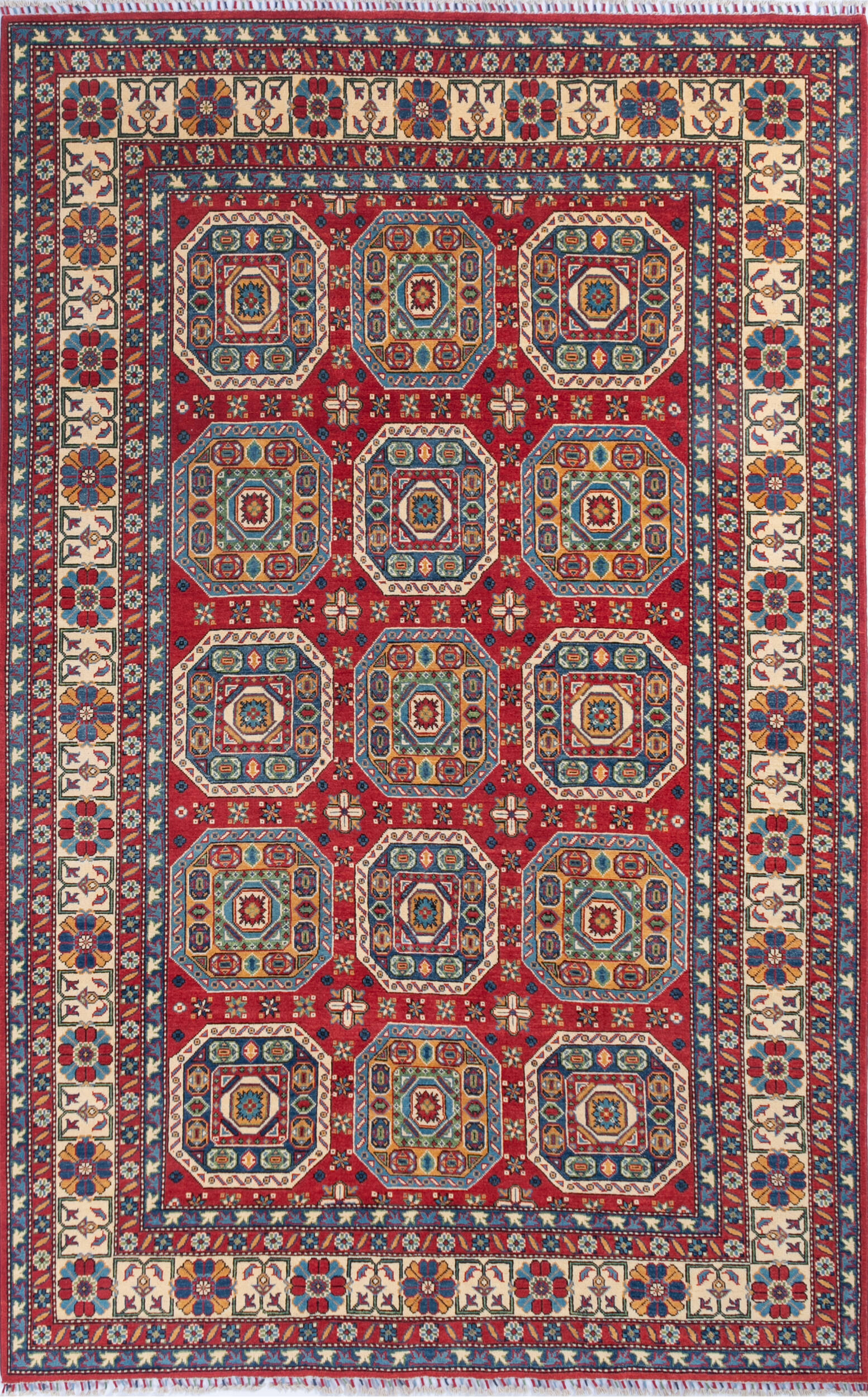 Afghan Kazak Red Rectangle 7x10 ft Wool Carpet 145496 | SKU
