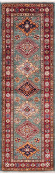 Afghan Kazak Green Runner 6 ft and Smaller Wool Carpet 145534