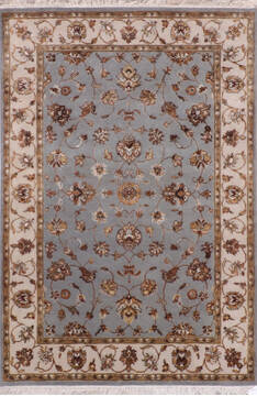 Indian Jaipur Blue Rectangle 4x6 ft Wool and Raised Silk Carpet 146036