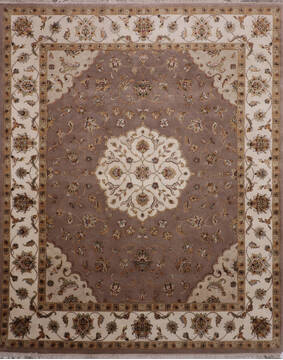 Indian Jaipur Beige Rectangle 8x10 ft Wool and Raised Silk Carpet 146311