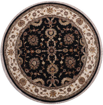 Indian Jaipur Black Round 5 to 6 ft Wool and Raised Silk Carpet 146457