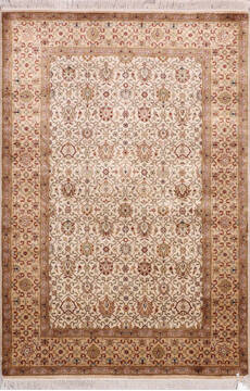 Indian Jaipur White Rectangle 4x6 ft Silk Carpet 146486