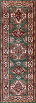 Afghan Kazak Green Runner 6 ft and Smaller Wool Carpet 146689