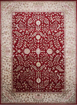 Indian Jaipur Red Rectangle 10x14 ft Wool and Raised Silk Carpet 146738