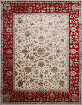 Indian Jaipur White Rectangle 9x12 ft Wool and Raised Silk Carpet 146806