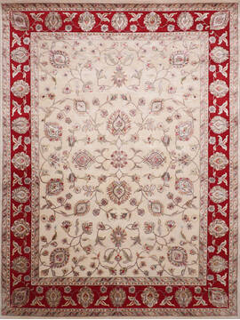 Indian Jaipur White Rectangle 9x12 ft Wool and Raised Silk Carpet 146813