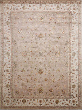 Indian Jaipur Beige Rectangle 9x12 ft Wool and Raised Silk Carpet 146816