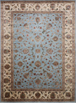 Indian Jaipur Blue Rectangle 9x12 ft Wool and Raised Silk Carpet 146817