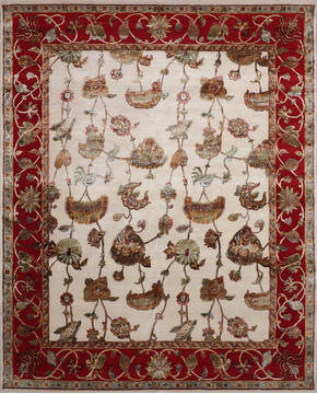 Indian Jaipur White Rectangle 8x10 ft Wool and Raised Silk Carpet 146818