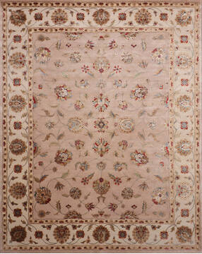 Indian Jaipur Beige Rectangle 8x10 ft Wool and Raised Silk Carpet 146822