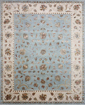 Indian Jaipur Blue Rectangle 8x10 ft Wool and Raised Silk Carpet 146823